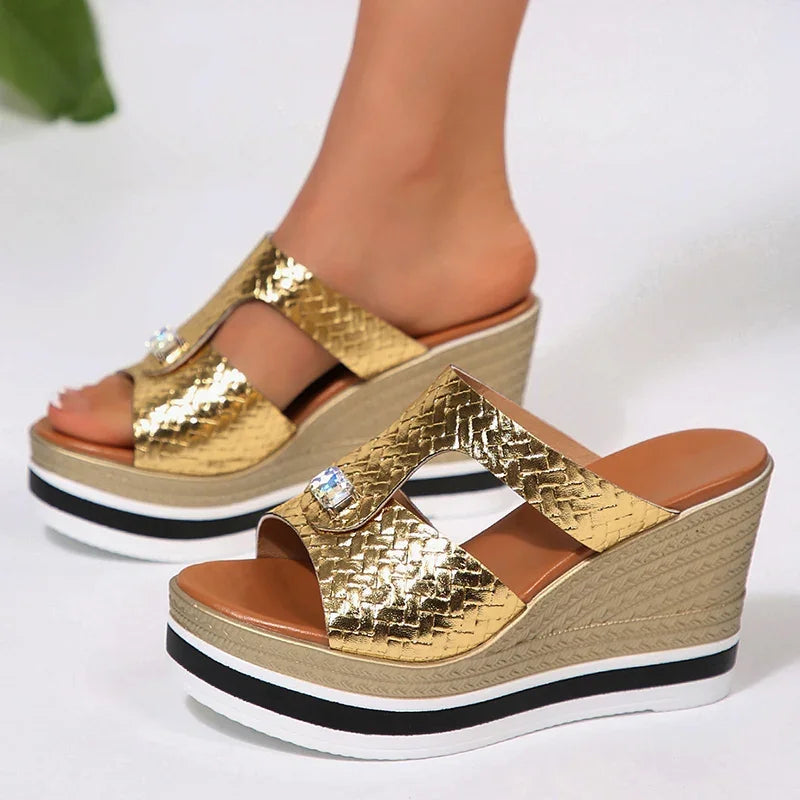 Women's Sandals Fashion Wedge Heeled Slippers New Women Rhinestone Decor Chunky Platform Sandals Woman Summer Thick Bottom Shoes