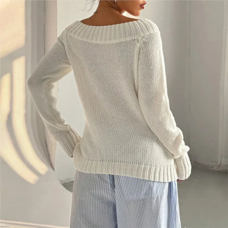 Sweater  Autumn/Winter White Simple One Word Collar Hoodie With Oblique Shoulder Out Long Sleeve Women's Knitted Casual Women