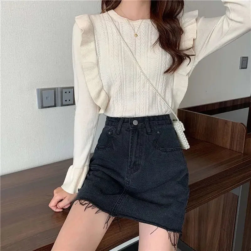 Ladies Sweaters Pullovers Round O Neck Grey Knitted Top for Women Jersey Winter 2025 Jumper Economics Long Sleeve Thermal Blouse