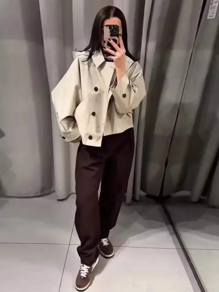 Windbreaker Outerwears Women Hood Cropped Jacket Trench Coat 2025 Autumn Long Sleeve Turn-Down Collar Casual Buttons Coats Cloth