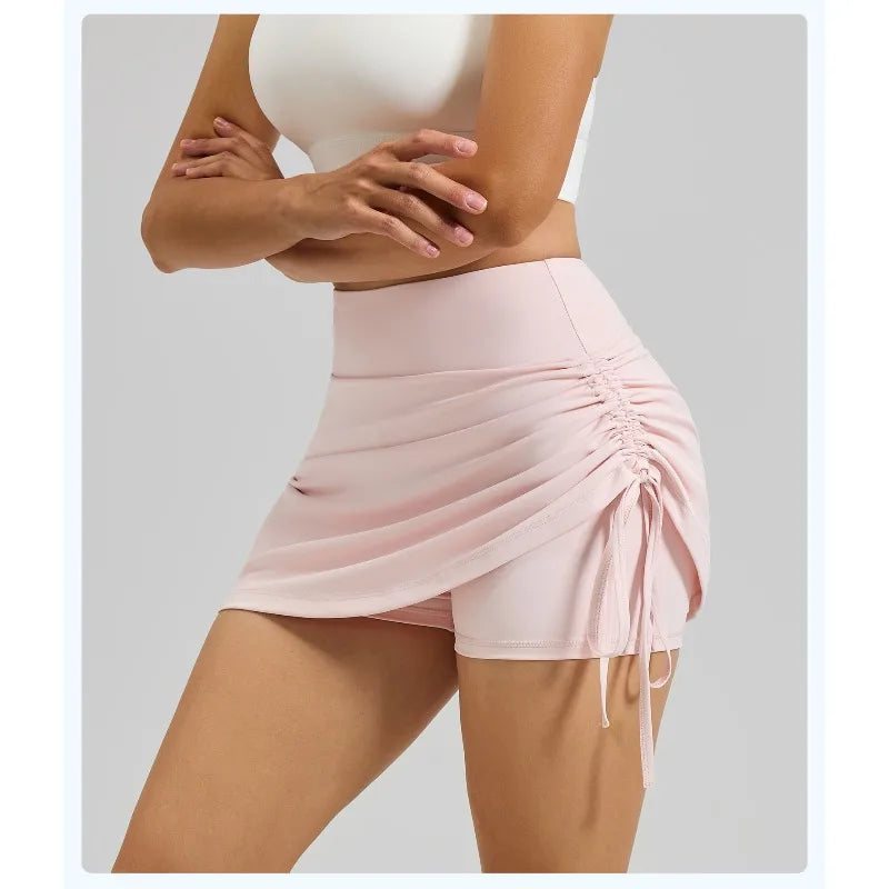 Shirring Sports Skirts with Safety Trousers for Women High Elastic Fashion Casual Fitness Skirts Fake Two Pieces Yoga Skirts