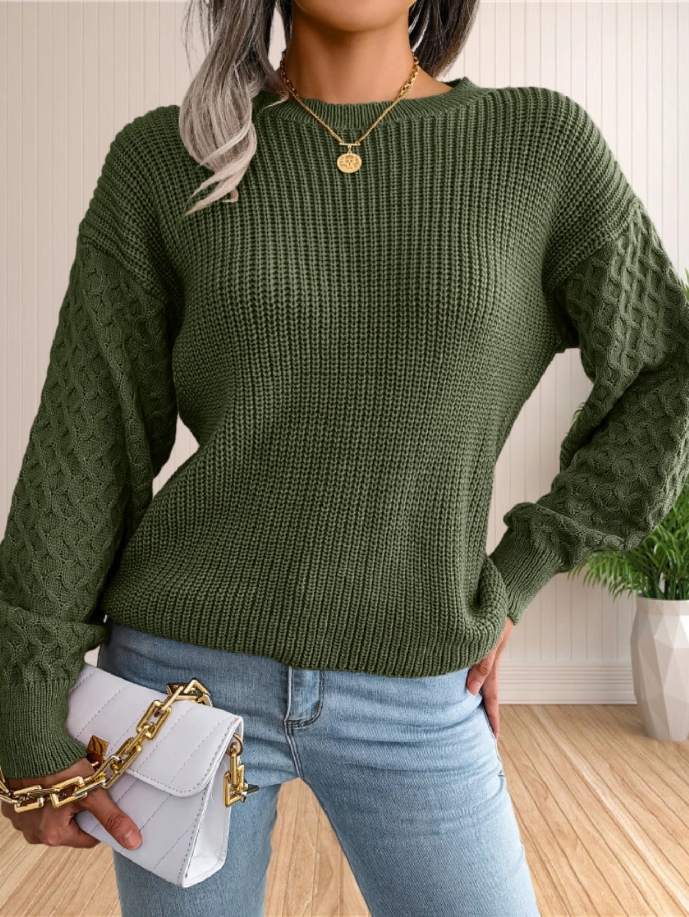 Sweater for Women Cable Knit Crew Neck Long Sleeves Fashion Casual Pullover Sweater Tops