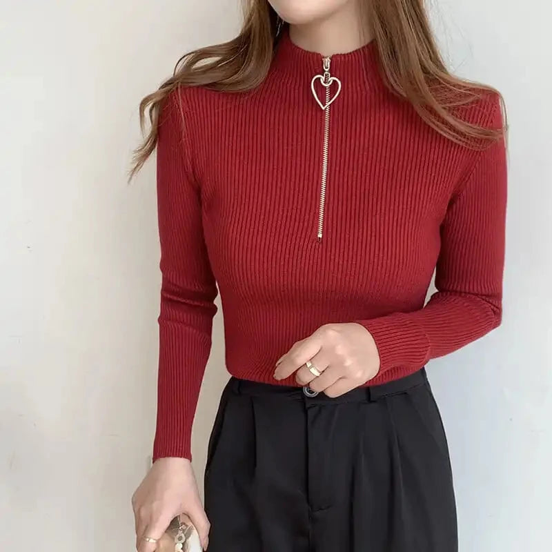 Sweater Women's Autumn and Winter New Semi-turtleneck Love Zipper Core-spun Yarn Bottomed Knitted Sweater Thermal Top