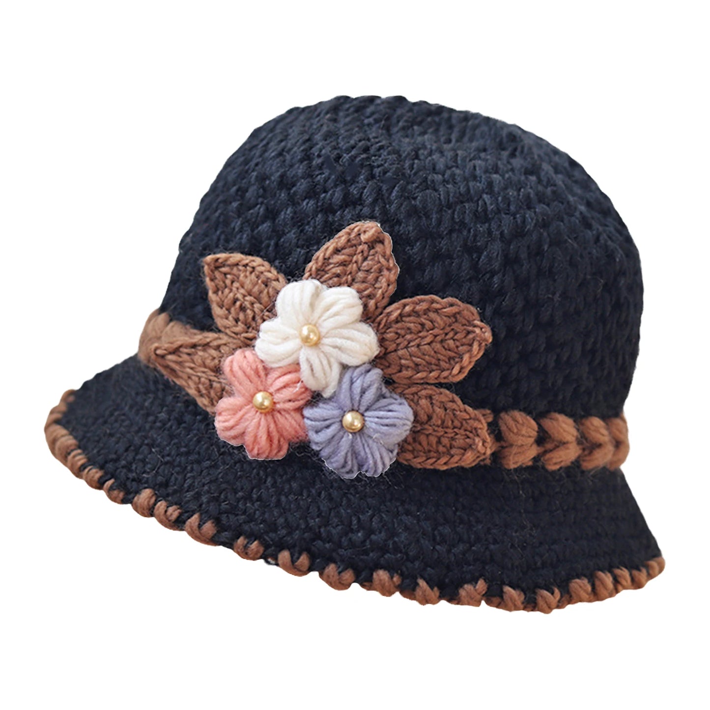 Knitted Hat Women's Autumn And Winter Wool Hat Classic Winter Women's Hat Flower Fleece-lined Bucket Hat Mother Warm Winter Hat