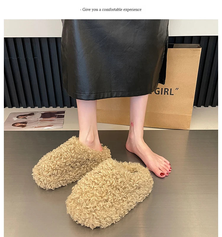 Shoes Woman 2025 Cover Toe Slippers Casual Platform Fur Flip Flops Pantofle Luxury Plush New Slides Shoes Woman 2024 Plush Slipp