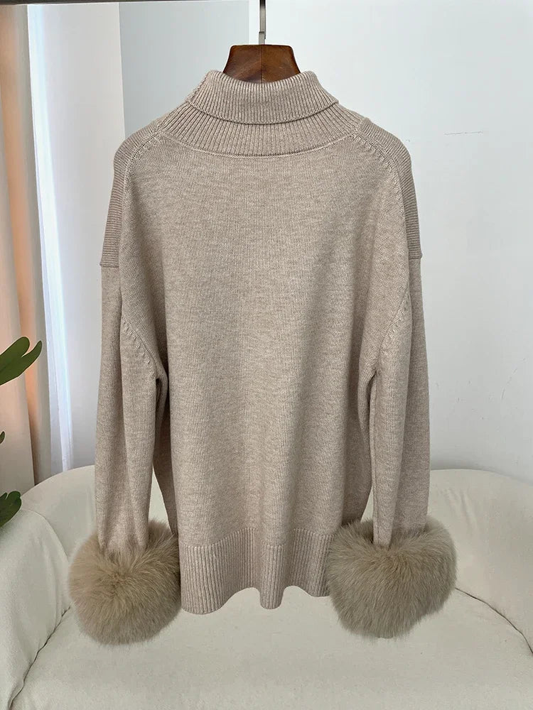 Sweater Women 2024 Autumn Winter Fashionable Sweaters with Real Fox Fur Sleeves Slim Fit Sweaters Fur Knitwear England Style
