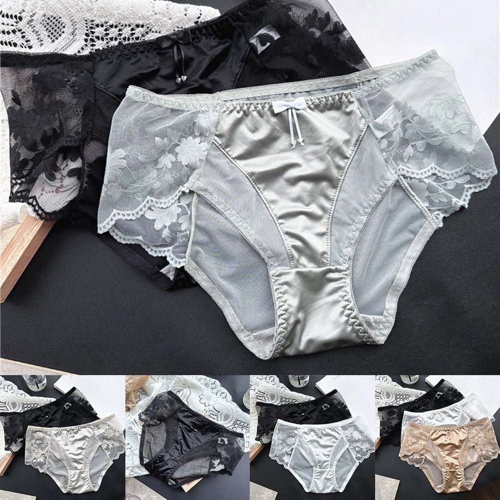 Sexy Women Panties French Style Lace Panty Satin Silk Seamless Briefs Breathable Lingerie Breathable Underwear Ultra-Thin Trunks