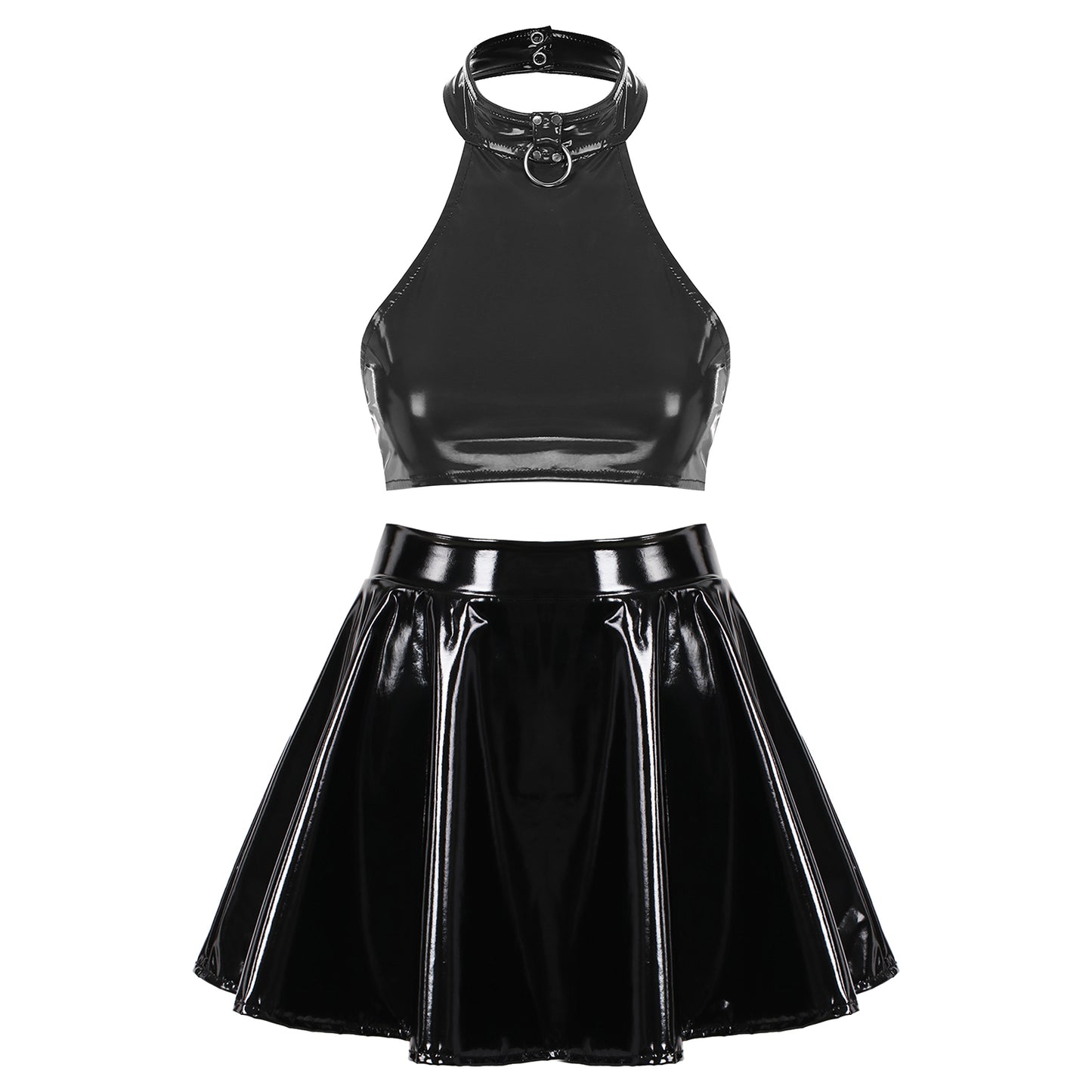 Womens Two Pieces Rave Party Outfits O Ring Halter Vest Tops Backless Patent Leather Crop Top with Invisible Zipper Flared Skirt