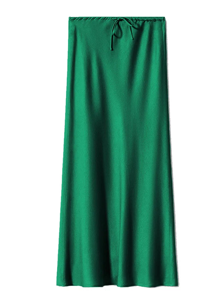 Long Black Satin Skirts Women For Work Summer Autumn Straight Brown Skirt Long Belt Coffee Formal Silk Maxi Skirt For Ladies