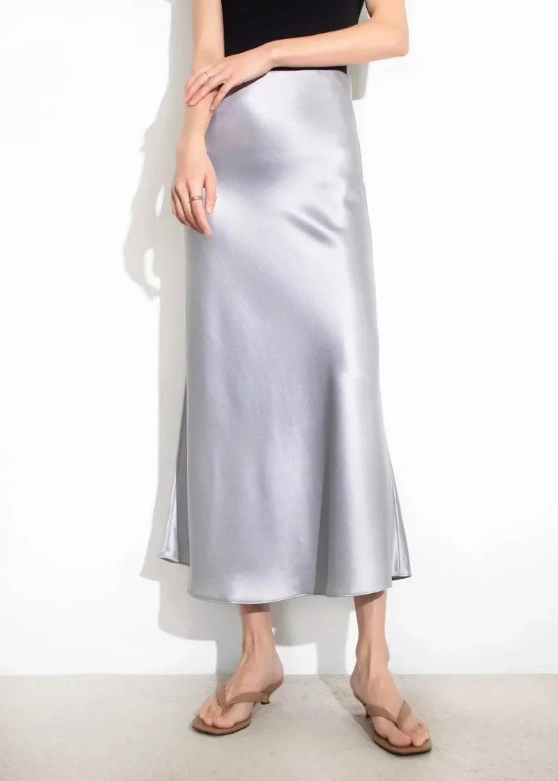 Elegant Skirts for Women Satin High Waisted 2025 New Slim Fit Long Skirt Fashion Temperament Simple Versatile Grey Black Skirts