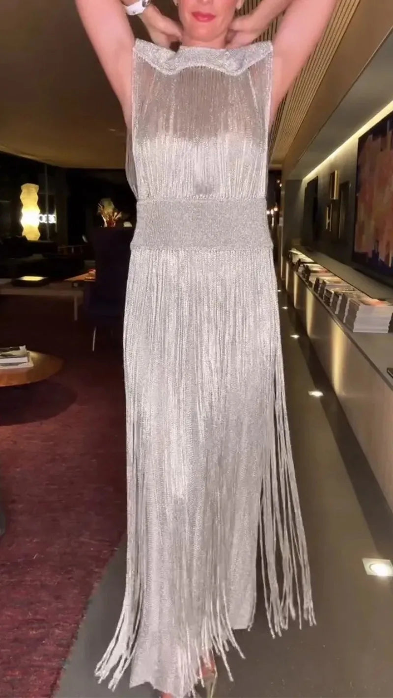 Two Piece Sets Fashion Sequin Fringed Dress for Women Streetwear Glitter Sleeveless Party Gown Elegant O-neck Long Dresses