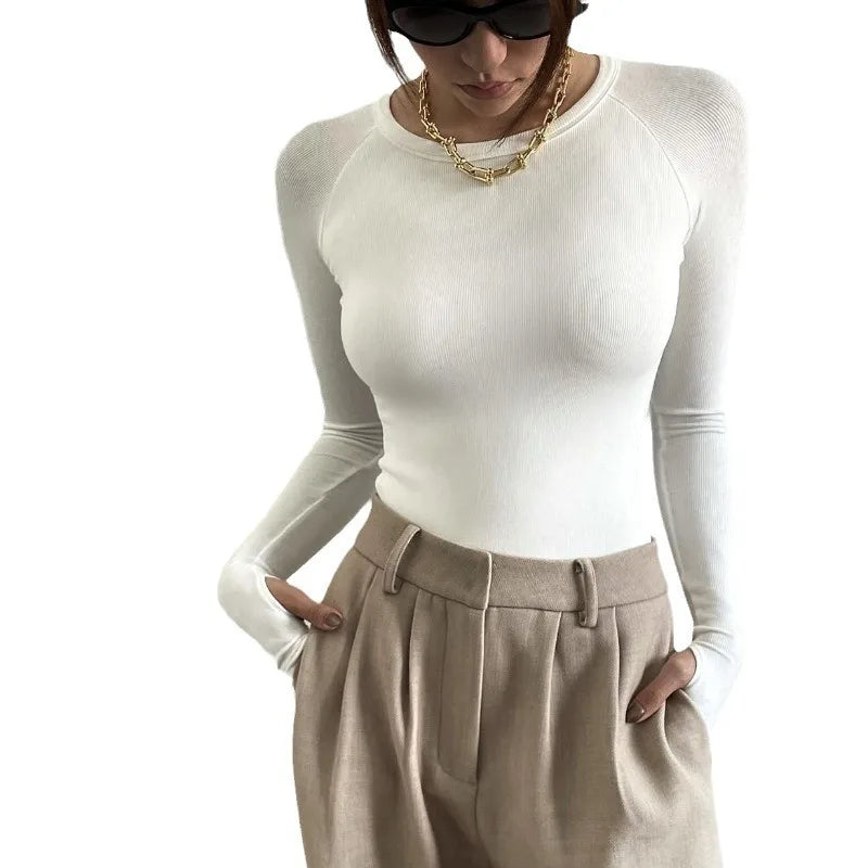 Women Bodysuit New Autumn Long Sleeved Round Neck Pullover With Crotch Jumpsuit Women's Fit Slimming Top One-piece T-shirt