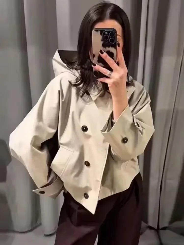 Windbreaker Outerwears Women Hood Cropped Jacket Trench Coat 2025 Autumn Long Sleeve Turn-Down Collar Casual Buttons Coats Cloth