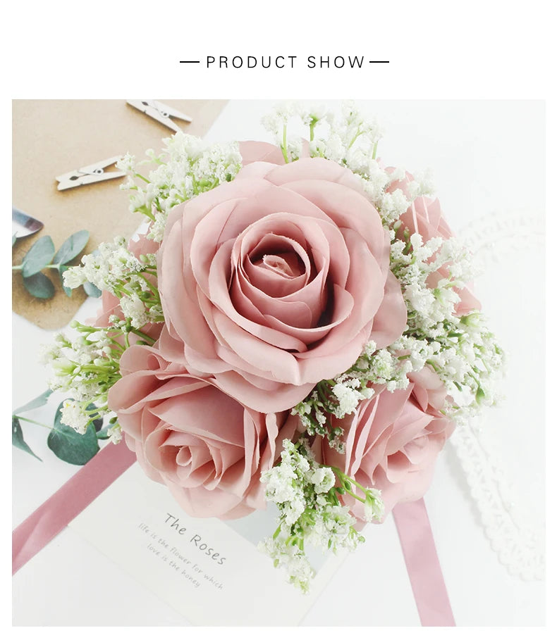 Bridal Bridesmaids Bouquets with Bowknot Ivory Roses Silk Flowers Bouquet for Valentine's Day Marriage Wedding Bride Photography