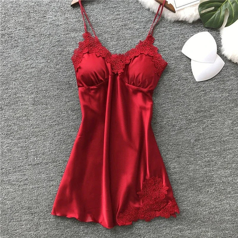 Ladies Sexy Silk Satin Night Dress Sleeveless Nighties V-neck Nightgown Nightdress Lace Sleepwear Nightwear for Women Sleep Tops