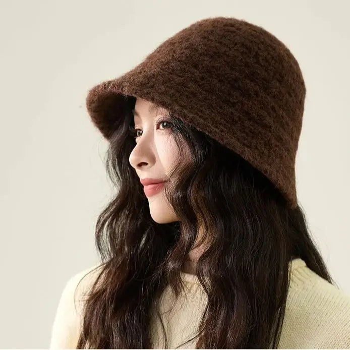Fisherman's Hat for Women Autumn/Winter Knit Bucket Hat Face-Slimming Textured Bucket Hat Warm and Soft
