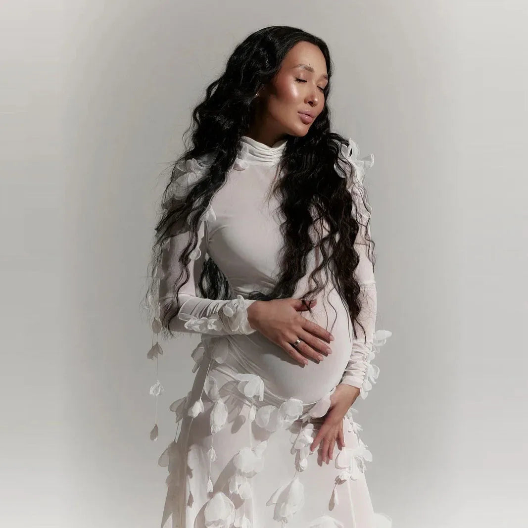 Maternity Dress in Soft Polyester Fabric with Delicate Floral Embellishments for Pregnant Women Comfortable Pregnancy 2025