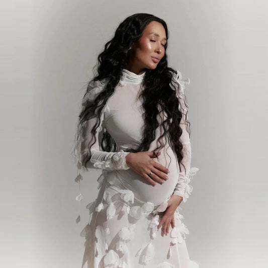 Maternity Dress in Soft Polyester Fabric with Delicate Floral Embellishments for Pregnant Women Comfortable Pregnancy 2025