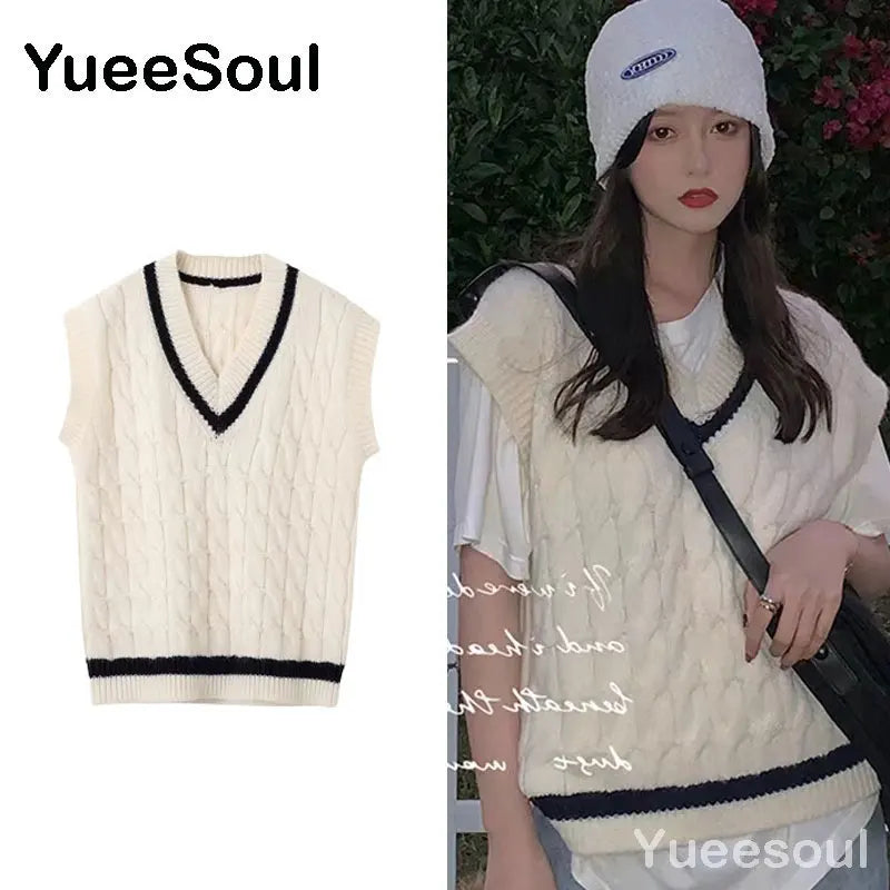 Sweet Kawaii Sweater Vest Printed Sleeveless Casual Outerwear Knitted Waistcoat 2023 Vintage Y2K Spring  E Girl Pullovers Tops