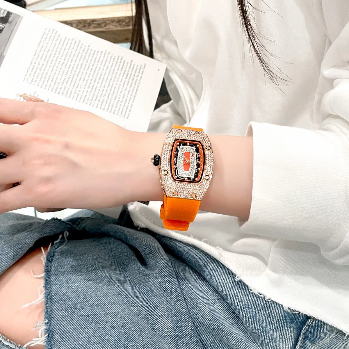 Watches for Women Silicone Sports Quartz Richard Tonneau Watch Girl's Diamond Wristwatch Reloj Mujer Elegante