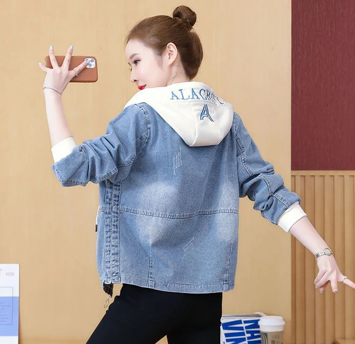 Outerwears Embroidered Spring Autumn Hooded Female Jeans Coat with Print Graphic Women's Denim Jackets Luxury Low Price Harajuku