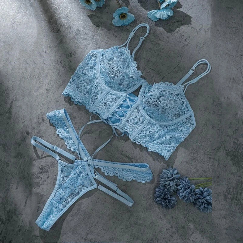 Bra Brief Sets Female Transparent Sexy Romantic Lingerie Black Lace Underwear Flowers Sensual See Through Erotic Sets