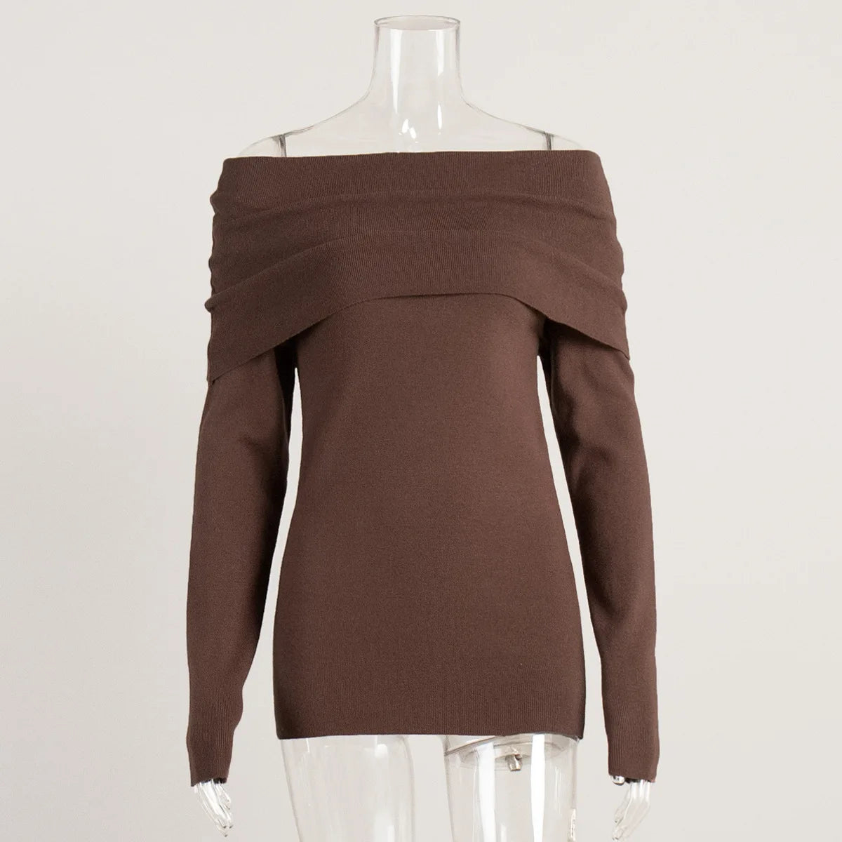 Sweater Women's Autumn and Winter Style Long Sleeved Knitted Base Shirt, One Shoulder Sexy Slim Fit Off Shoulder Top