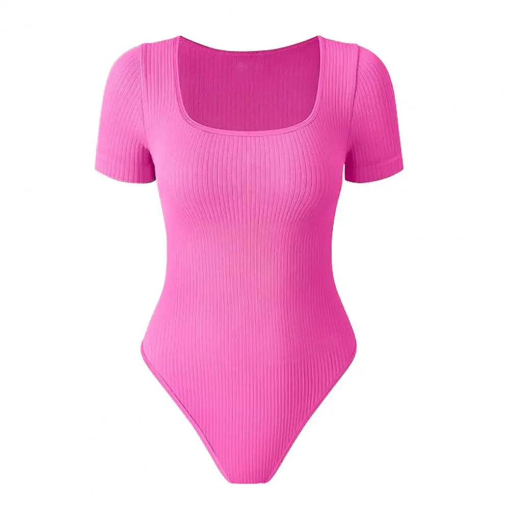 Women Solid Color Playsuit High Elasticity Tummy Control Bodysuit for Women Square Neck Playsuit with Tight Waist Short Sleeves