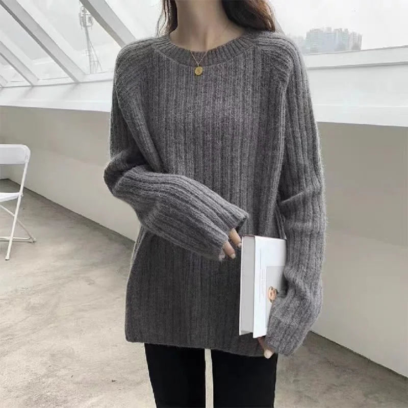 Sweater Women Autumn Winter Loose Wear 2025 Hot Selling 100%High-Density Knitted Pure Wool Sweater Solid Color Base Pullover Top