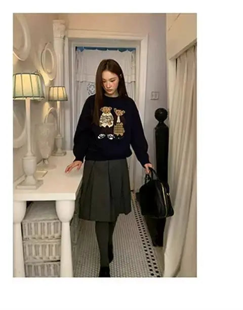 Sweater cartoon small bag core yarn needle retro women's  loose round neck knitted sweater new print black