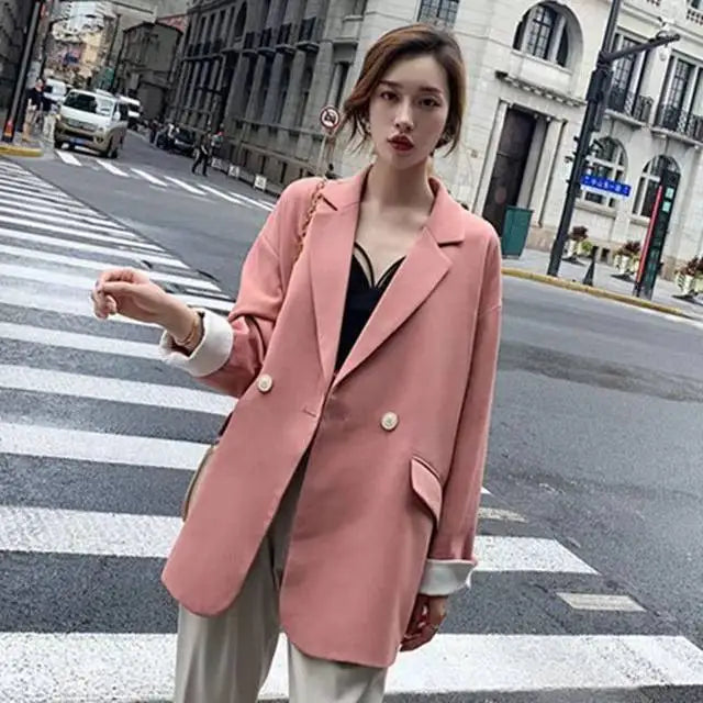 Long Blazers Woman Spring Casual Office Lady Lapel Double-breasted Slim-fit Elegant Solid Color Fashion Outerwear Minimalist