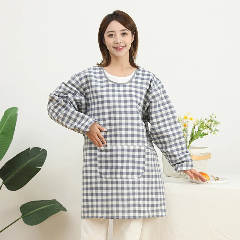 Fashionable Striped Apron For Home Kitchen Cooking Long Sleeved Women's Cute Anti Stain Work Dining Work Clothes Smock