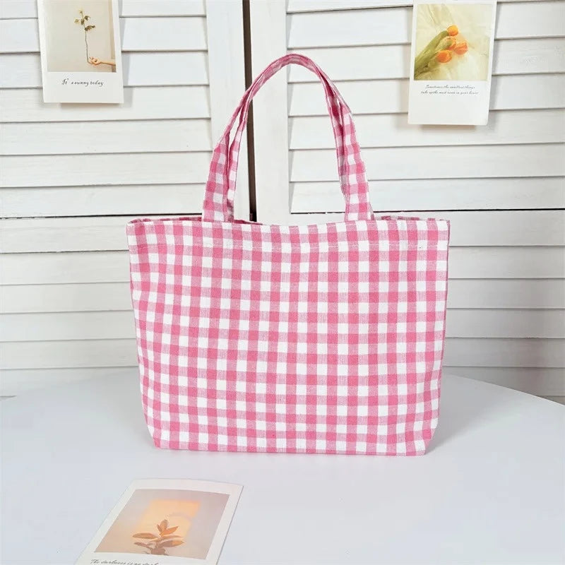 Portable Women's Bento Handbags Simple Plaid Ladies Small Tote Purse Shoulder Bags Retro Female Cloth Reusable Shopping Bag