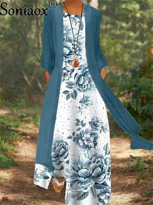 New Two-Piece Set Lady Flower Print Sleeveless Maxi Dress With Cardigan Hot Clothes Women 2025 Summer Boho Elegant Dresses Coat