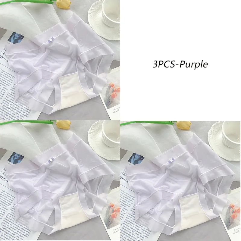 3PCS Women Seamless Panties Ice Silk Transparent Breathable Antibacterial Panty Mid-waist Briefs Cotton Underwear