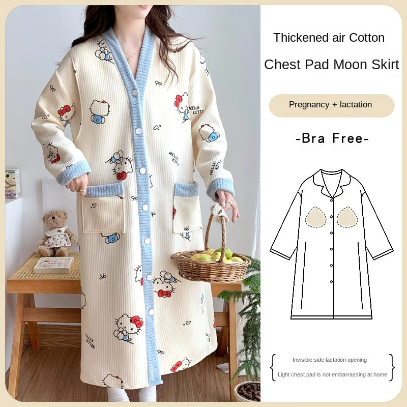 Maternity Sleepwear Nursing Nightwear Long Sleeve Robe Loose Fit Pregnant Women Homewear Winter Comfortable Fleece Nightwear