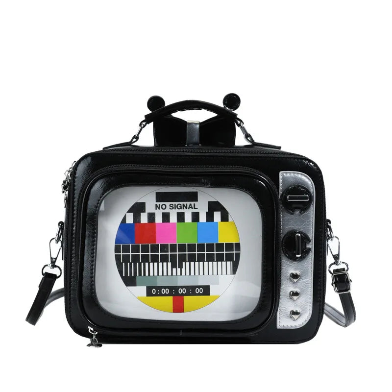 Cartoon Cute Handbags for Women Funny Retro TV Transparent Square Bag Fashion Leather Personalized Creative Shoulder Bag Woman