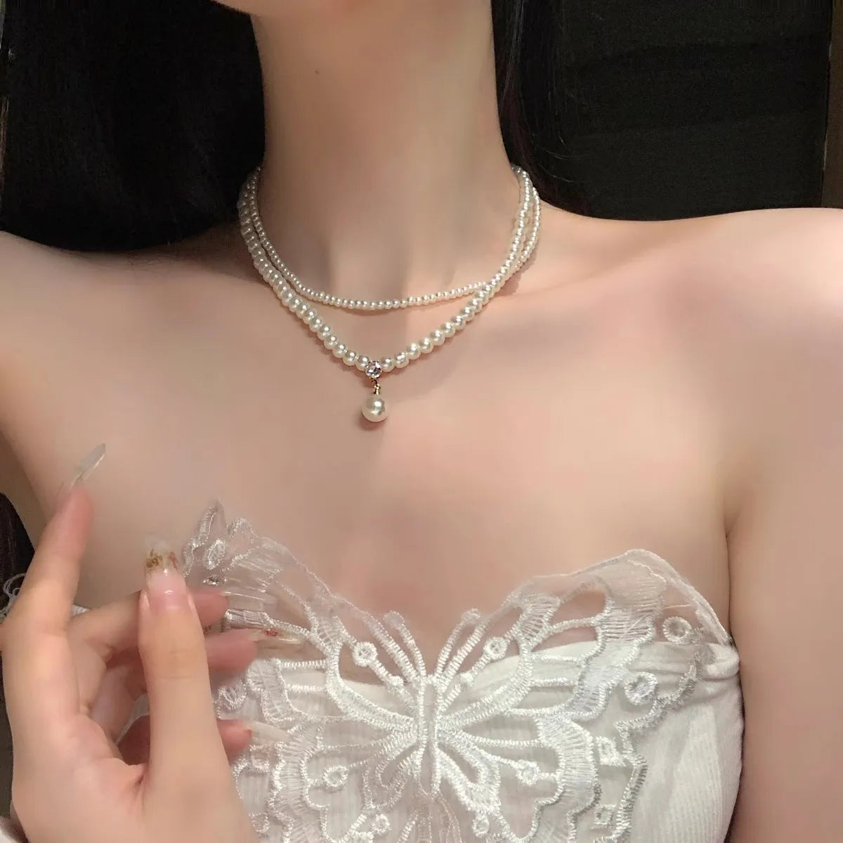 Elegance retro pearl double-layer collarbone chain women's accessory pearl high-end light luxury and niche necklace