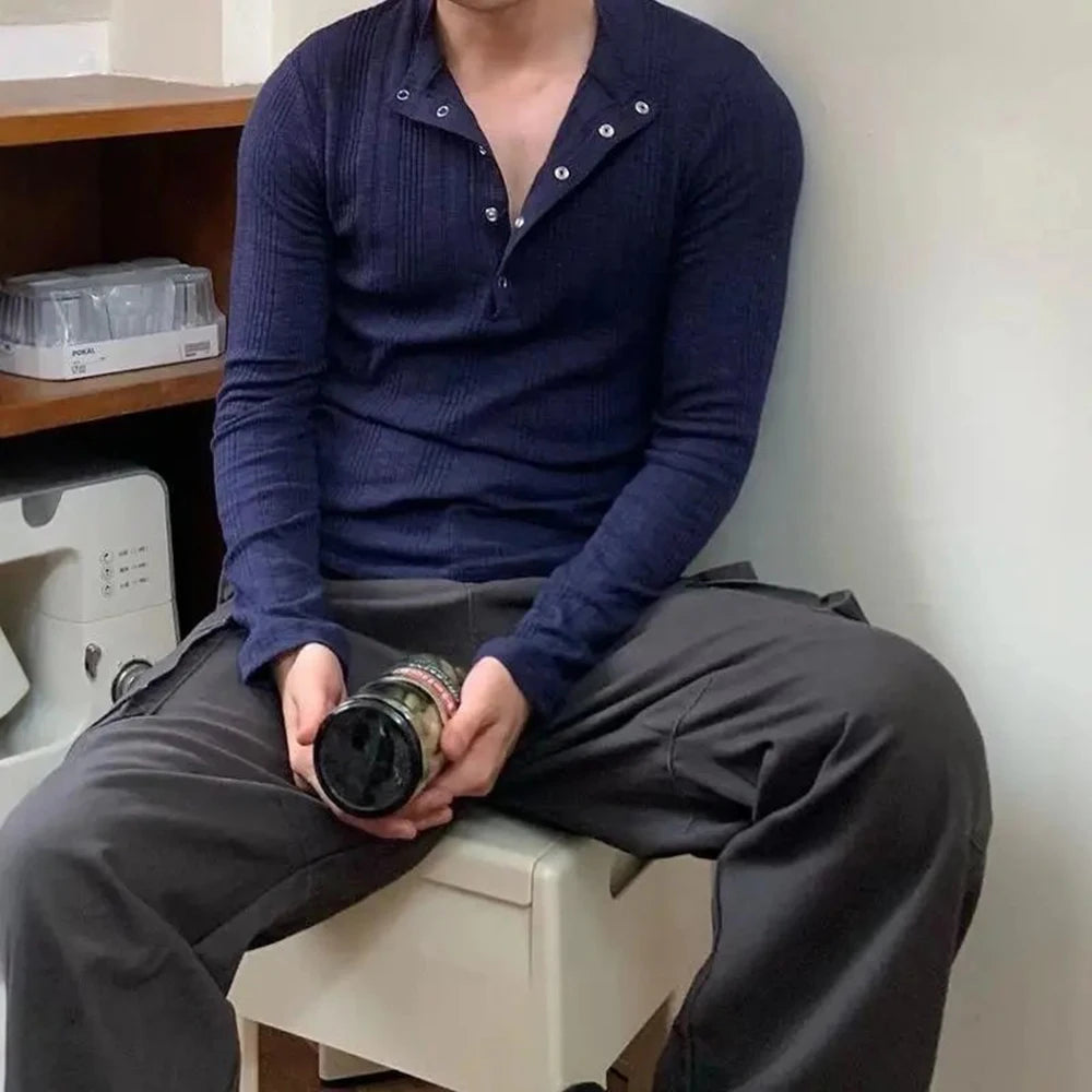 Sweater Mens Striped Texture Henry Collar Knitted Pullover Autumn Casual Versatile Unisex Daily Undershirt Men's Clothing 2024