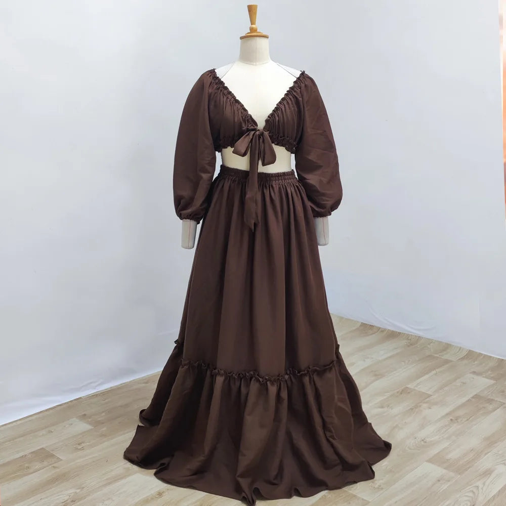 Maternity Photography Dresses Soft Cotton-Like Dress V-neck Tie Up Top A-line Skirt Two-Piece Set Clothes For Pregnant W