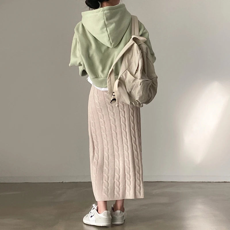 Solid Knitted Skirts For Women 2023 Fashion Autumn Winter Slim Long Skirt Vintage Casual Elastic High Waisted Straight Skirt New