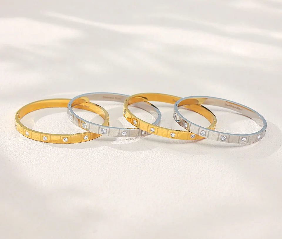 Stainless Steel Bracelet Bangle For Women Men 18k Gold Plated Inlaid Shiny Zircon Openable Unisex Bracelets Bangles Couples Gift