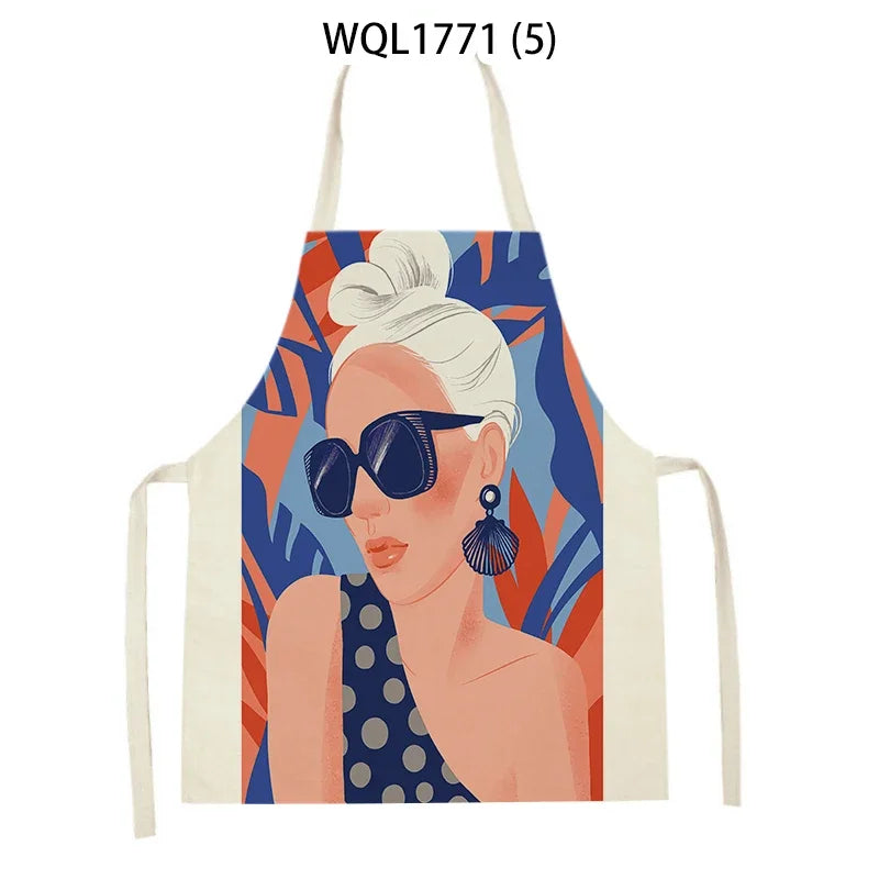 Kitchen Apron Modern Girl Plants Pattern Linen Aprons for Women Men Household Cleaning Apron Cooking Baking Accessories