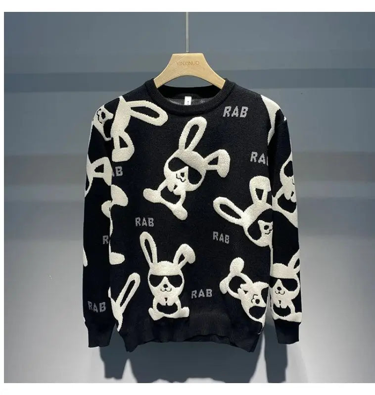 Sweater Men's Autumn Winter New Personality Rabbit Round Neck Casual Knitted Sweaters Flocking Print Long Sleeves Slim Pullover