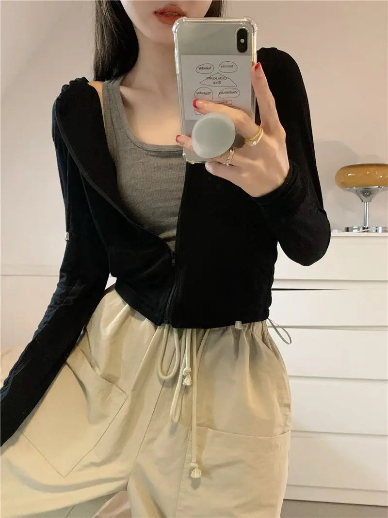 Hooded Jackets Women Thin Sunscreen Solid Fashion Summer Long Sleeve Cropped Coats All-match College Breathable Sporty Popular