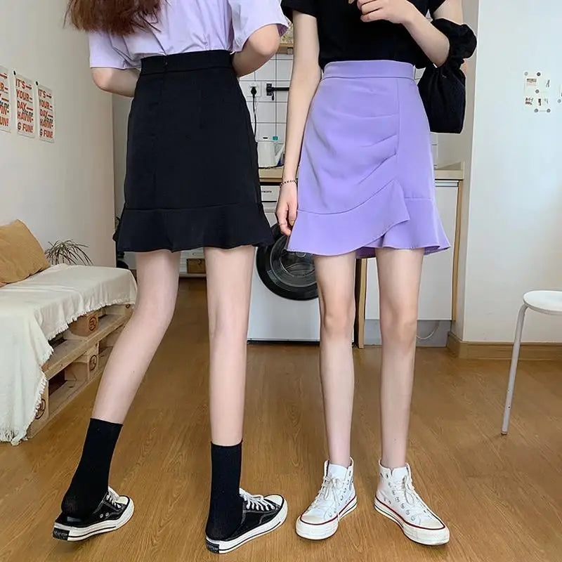 Irregular High Waist Skirts for Female Summer New Korean Fashion All-match Bag Hip A-Line Solid Color Ruffles Spliced Mini Skirt