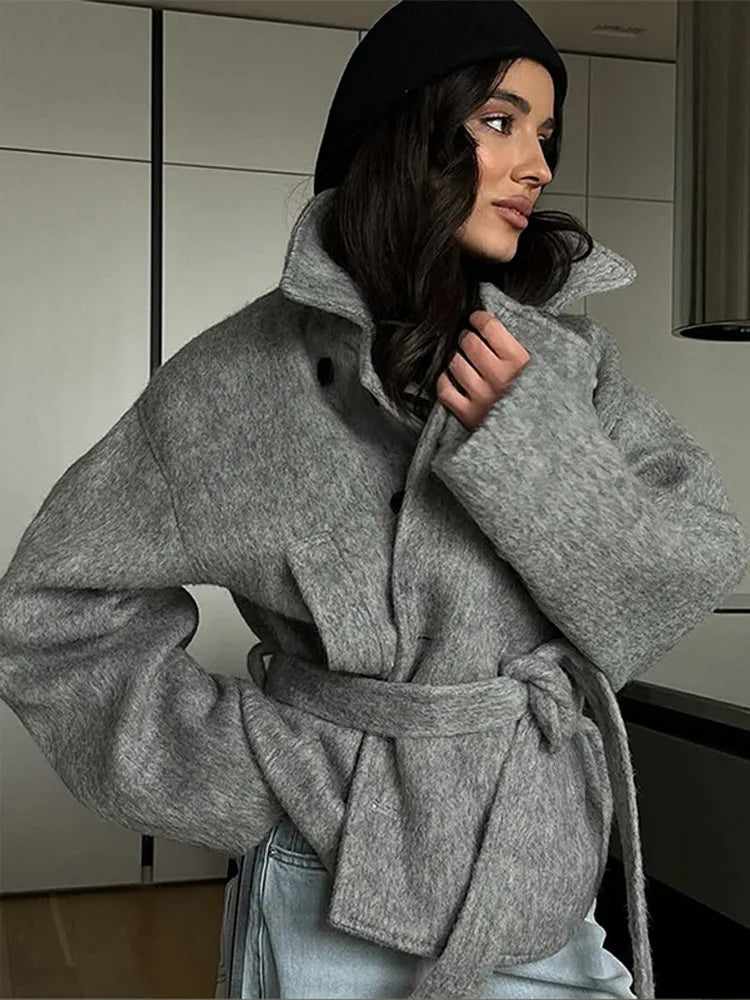 Women's Coat Elegant Laple Woolen Lace Up Belt Pocket Thicken Full Sleeve Female OverCoat 2025 Autumn Winter New Lady Outwears