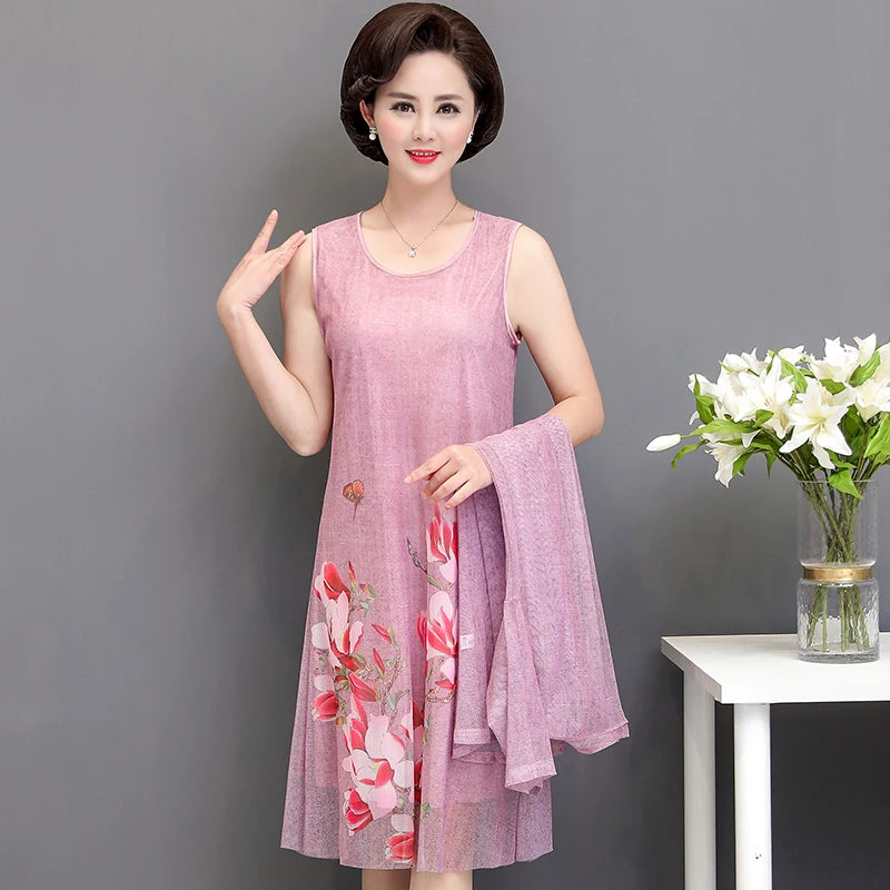 Elegant Dresses Women NEW Summer Casual Retro Temperament printing two Piece Set Dress Mother Dress plus Size