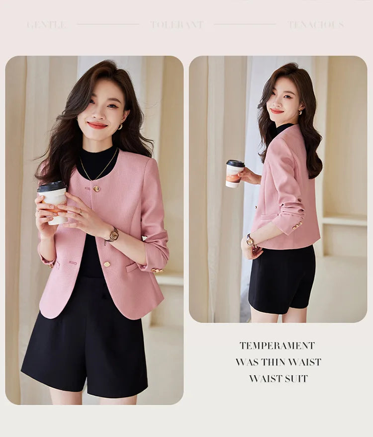 High quality blazer for women short jacket single breasted O neck spring autumn elegant office clothes pink yellow blue white