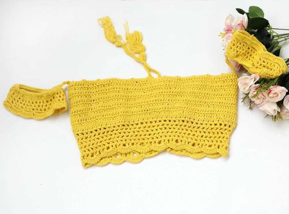 Knitted Bra&Linen Cotton Three-Layer Lace Boho Style Dress Two-Piece Set Photography Dress For Women Photography Props Dress